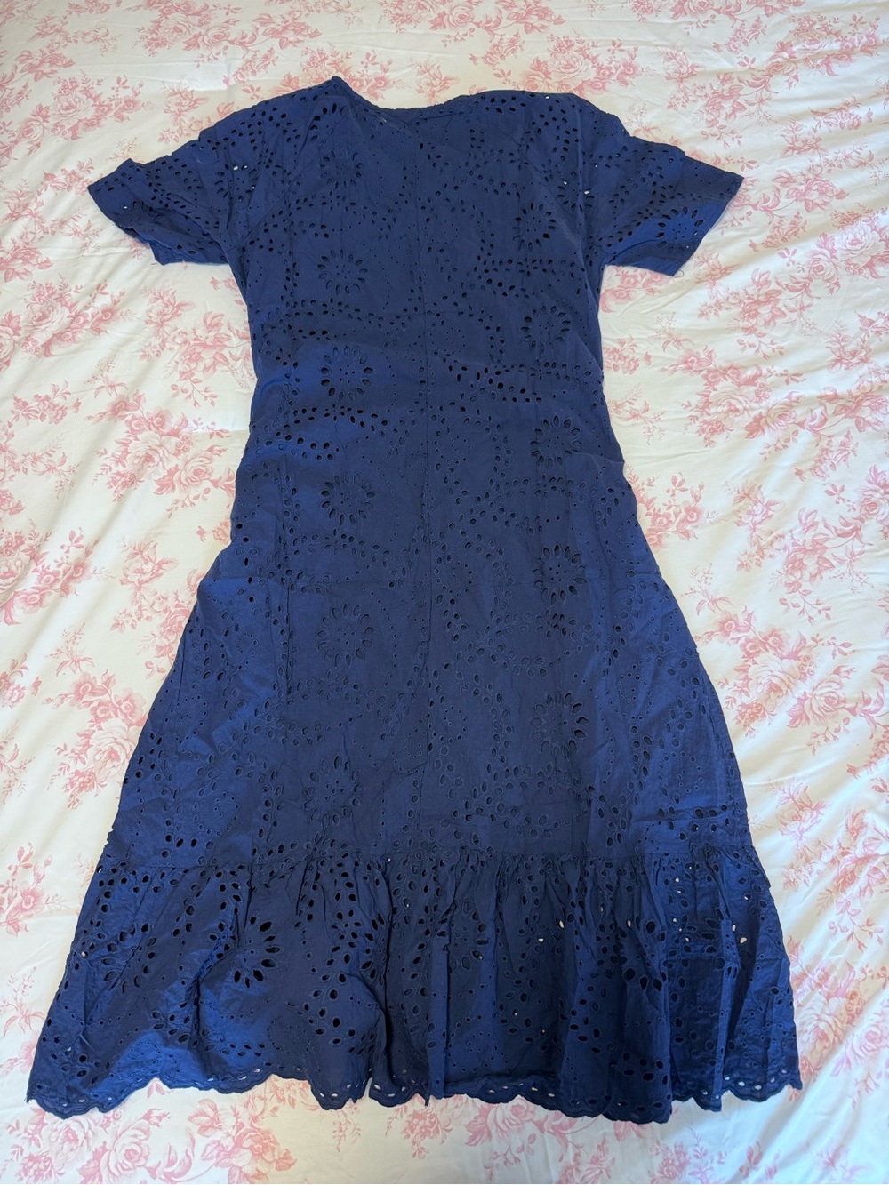 Women’s Navy Eyelet Midi Dress - Classic Short Sleeve Design